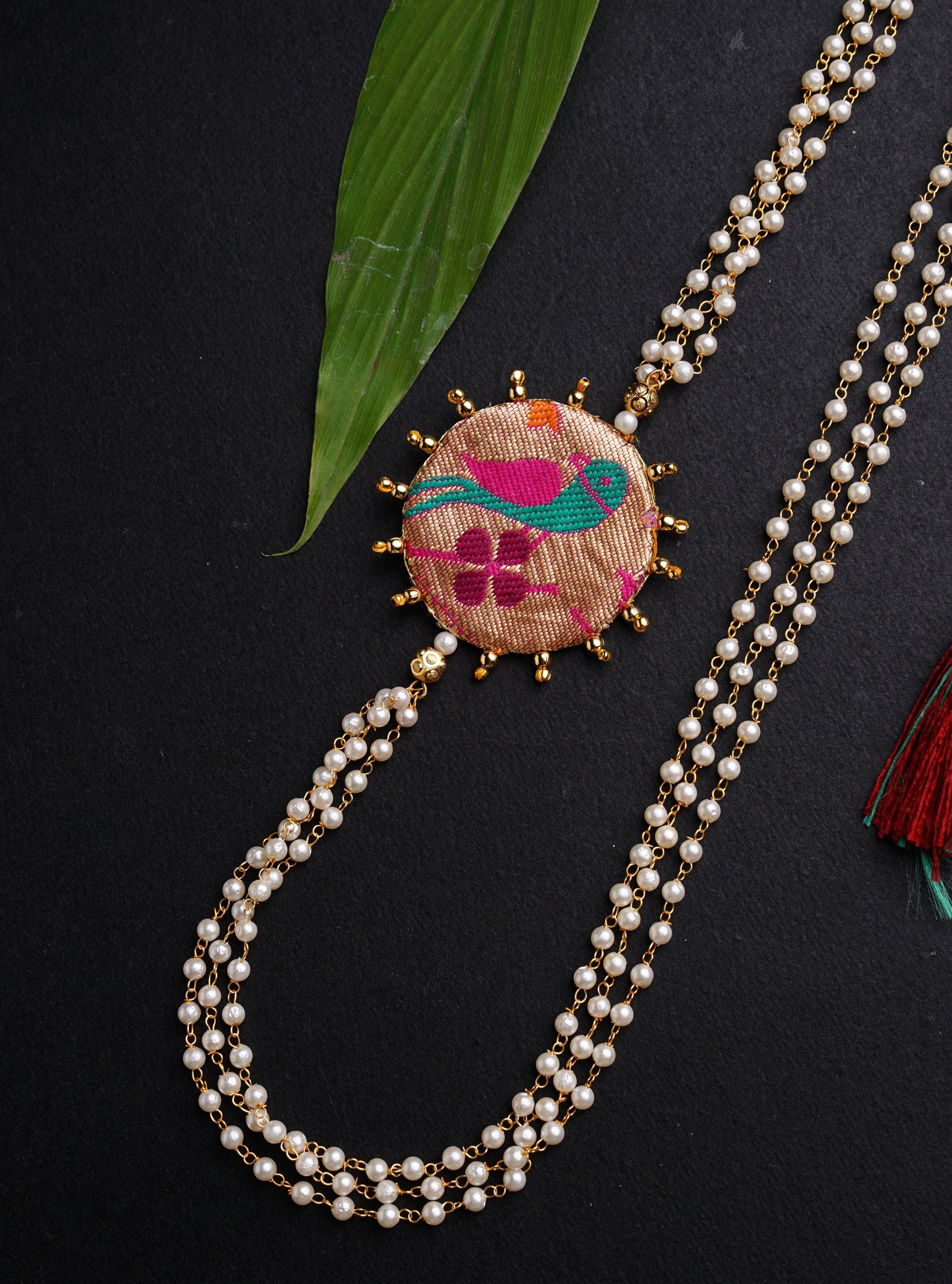 Handcrafted Circular Paithani Pendent triple layer pearl Kanthi for Batu/Boys.It is worn by Batu for Vratabandh/Munj/Upnayan/Thread Ceremony.Mundavalya,kanthi,bhikbali,topi,pagdi are boys accessories exclusively designed using Pearls,glass beads,jadau & gold plated findings for Batu,for Upanayan/Vratabandha/munj /thread ceremony.