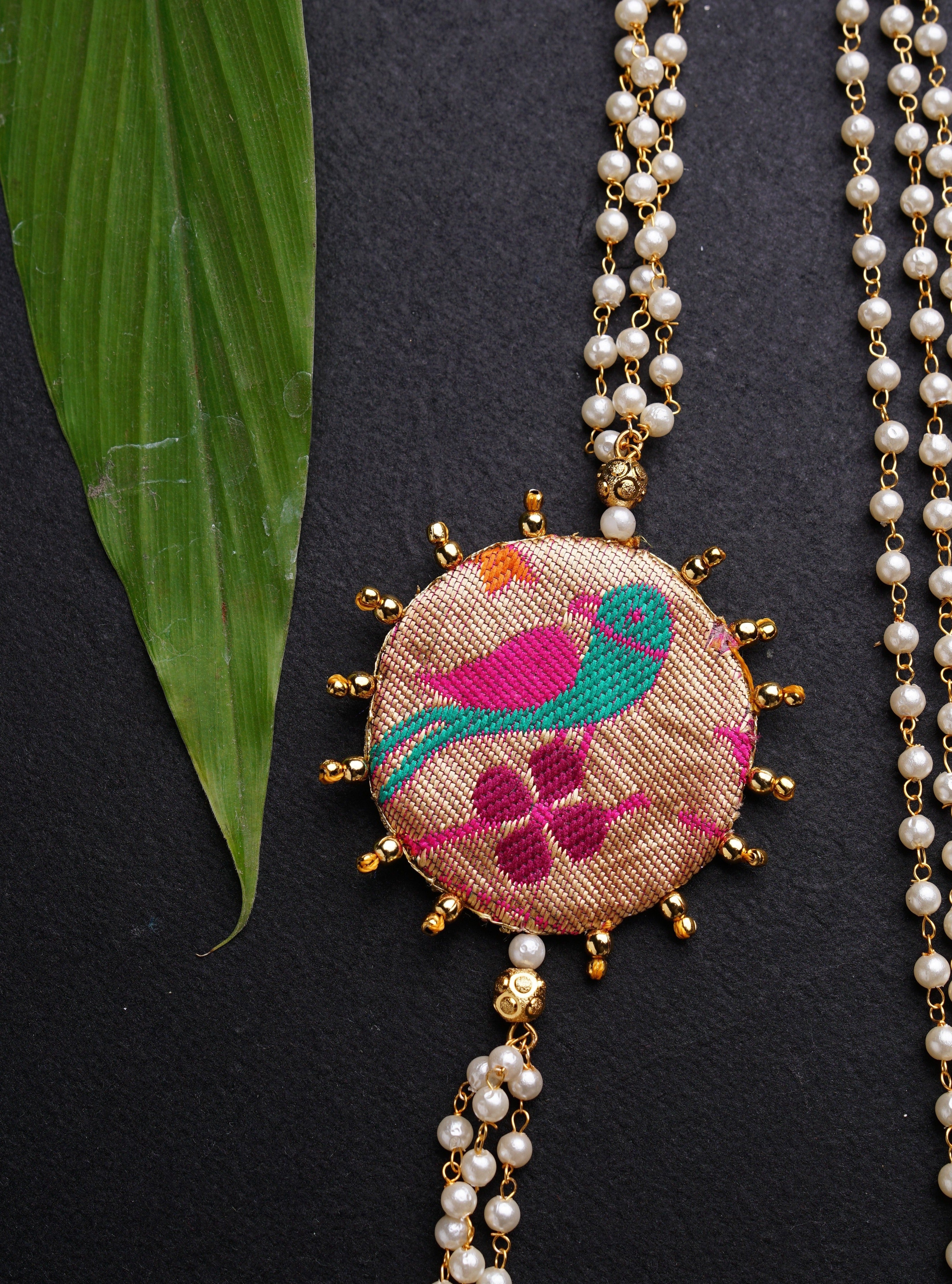 Handcrafted Circular Paithani Pendent triple layer pearl Kanthi for Batu/Boys.It is worn by Batu for Vratabandh/Munj/Upnayan/Thread Ceremony.Mundavalya,kanthi,bhikbali,topi,pagdi are boys accessories exclusively designed using Pearls,glass beads,jadau & gold plated findings for Batu,for Upanayan/Vratabandha/munj /thread ceremony.