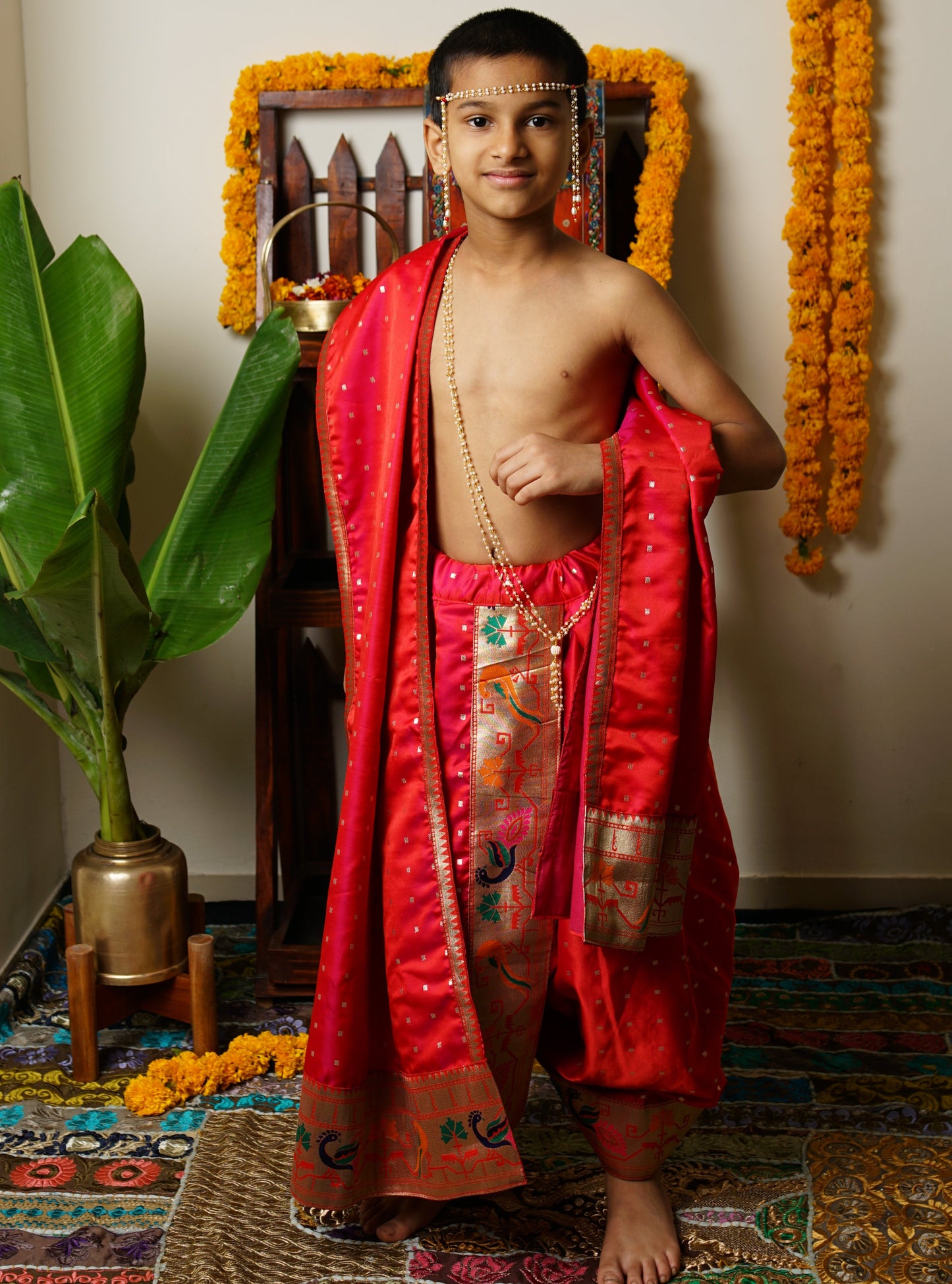 Scarlet red silk Sovale uparane dhoti jari Shawl ethnic traditional dhoti-upavastra pooja dhoti jari gamcha with Paithani jari border for munj thread ceremony vratabandha upanayanam for kids