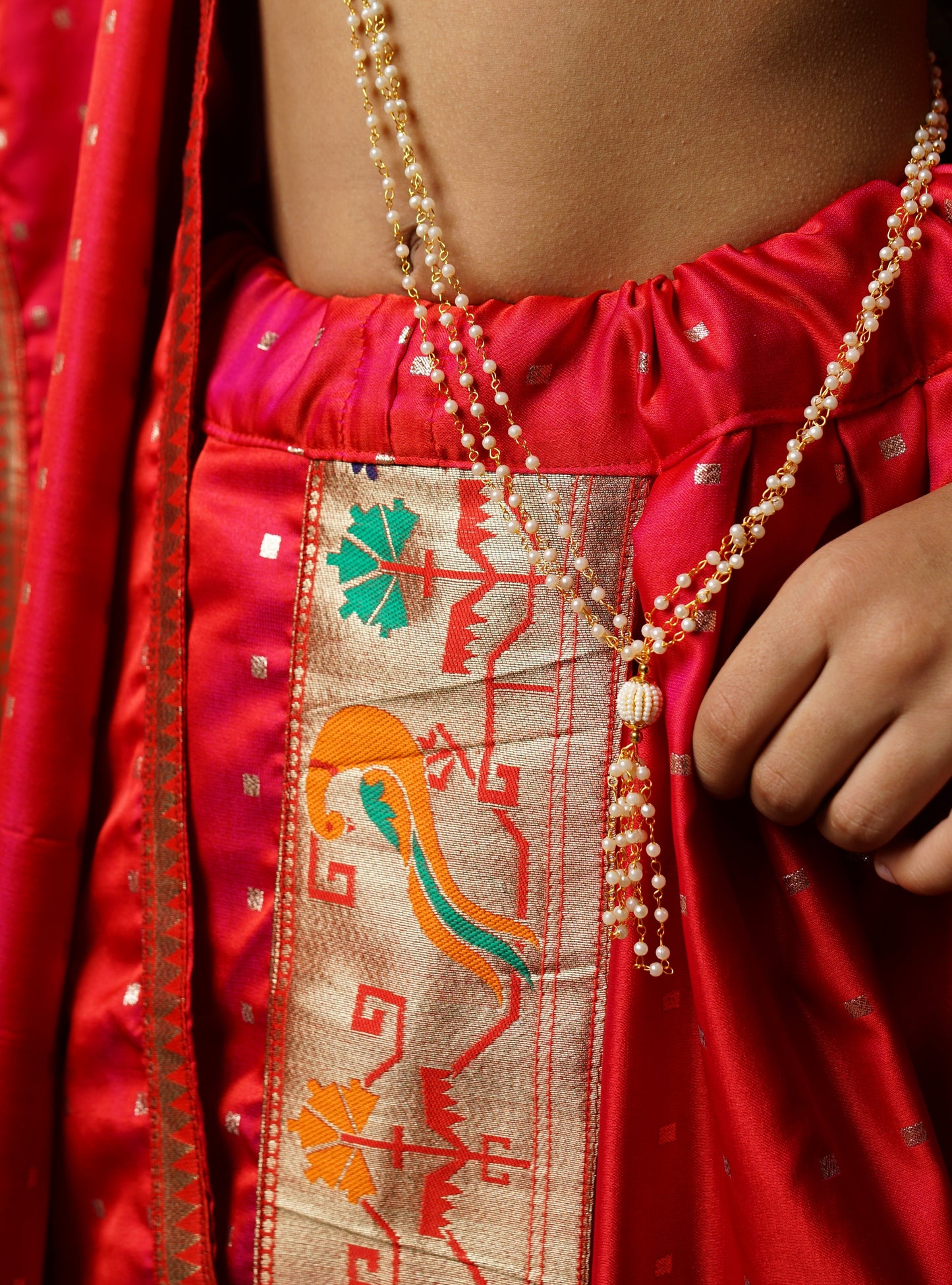 Scarlet red silk Sovale uparane dhoti jari Shawl ethnic traditional dhoti-upavastra pooja dhoti jari gamcha with Paithani jari border for munj thread ceremony vratabandha upanayanam for kids