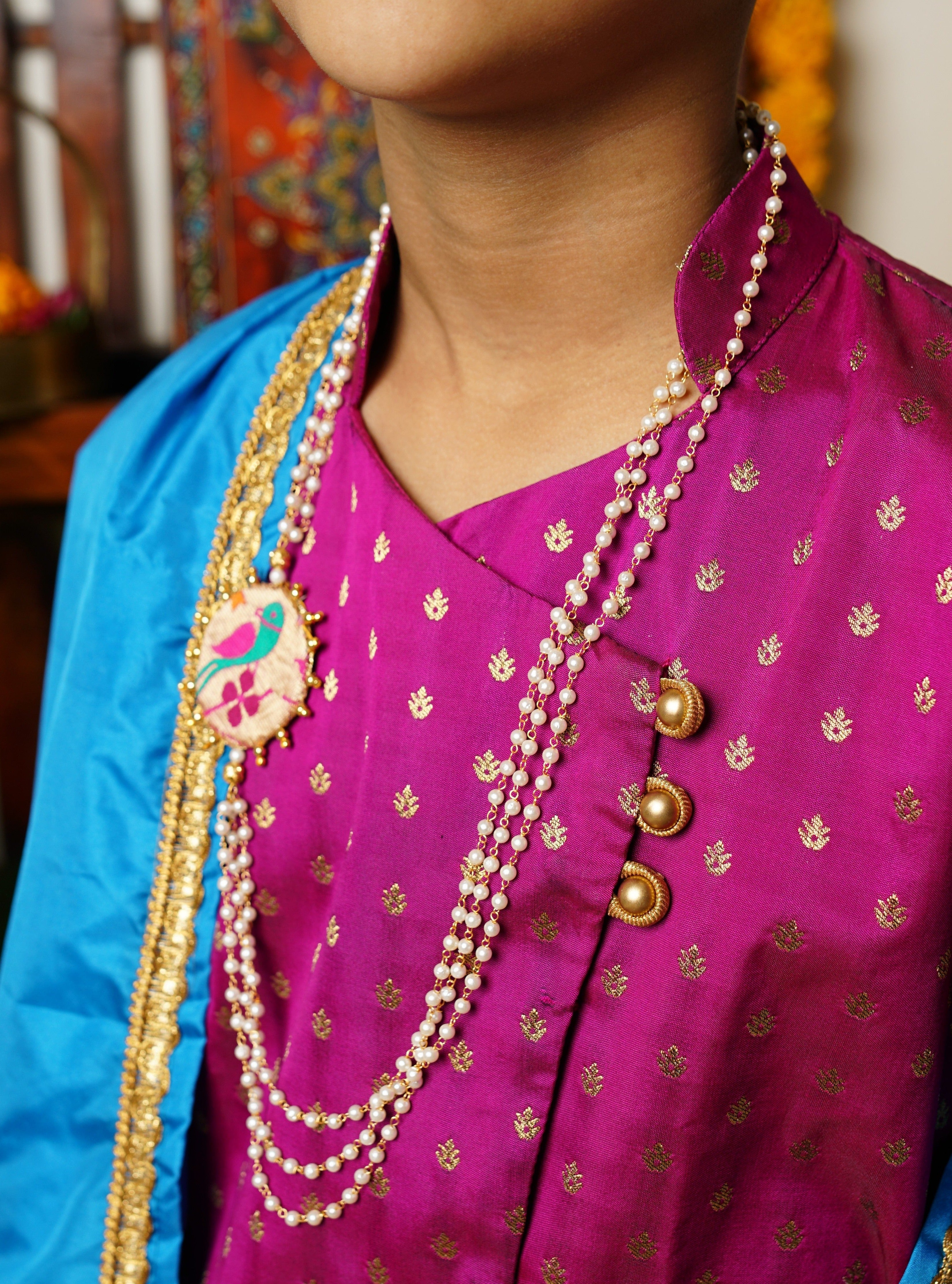 Handcrafted Circular Paithani Pendent triple layer pearl Kanthi for Batu/Boys.It is worn by Batu for Vratabandh/Munj/Upnayan/Thread Ceremony.Mundavalya,kanthi,bhikbali,topi,pagdi are boys accessories exclusively designed using Pearls,glass beads,jadau & gold plated findings for Batu,for Upanayan/Vratabandha/munj /thread ceremony.