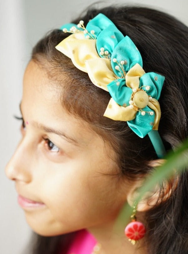 Accessories gifts fancy traditional ethnic hair accessories for kids trendy handmade hairclip fabric hair accessories hair band head band brocade handcrafted hair pin hair accessory tic-tac clips matching assorted mix n match pearl multicolour metal golden bow rubber band