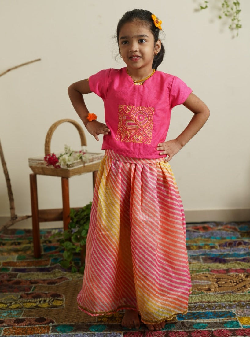 Pink Skirt And Top Ethnic Yellow Pink Leheriya Kotta Elasticated