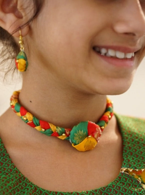 Accessories gifts fancy traditional ethnic for kids trendy handmade fabric accessories brocade handcrafted matching assorted mix n match pearl multicolour metal golden party wear beaded glass beads trendy gold plated earrings pendent