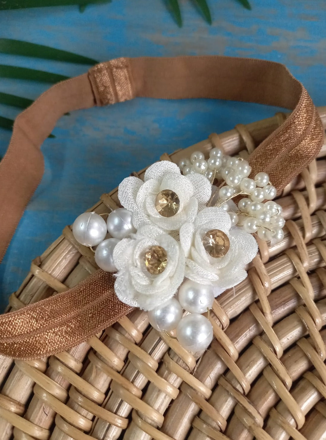 Golden stretchable headband with beautiful Ivory fabric flowers and pearls embellishmentsSilk brocade cotton silk cotton chanderi printed Traditional ethnic Indian new born baby naming ceremony dress naamkaran annaprashan mundan javal namakaran janmashtami rice ceremony ushtavan onam kasau chudakarma Babyboy babygirl bloomer diaper cover bonnet topada head band