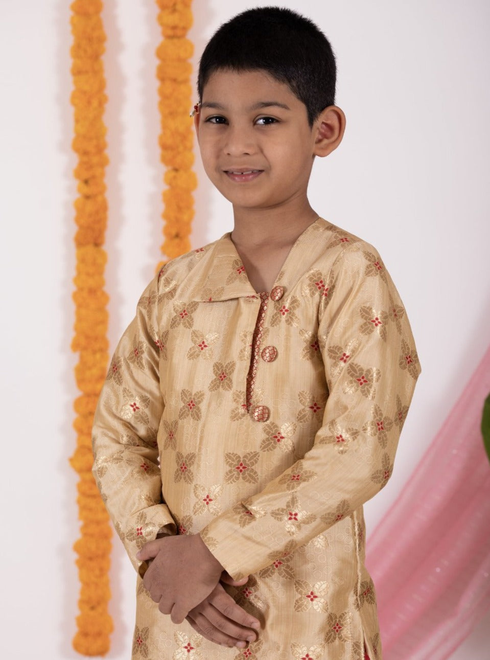 Golden beige banarasi brocade traditional ethnic brocade printed silk cotton kurta pyjama salwar suit pajama churidar set sherwani jacket for baby boy kids