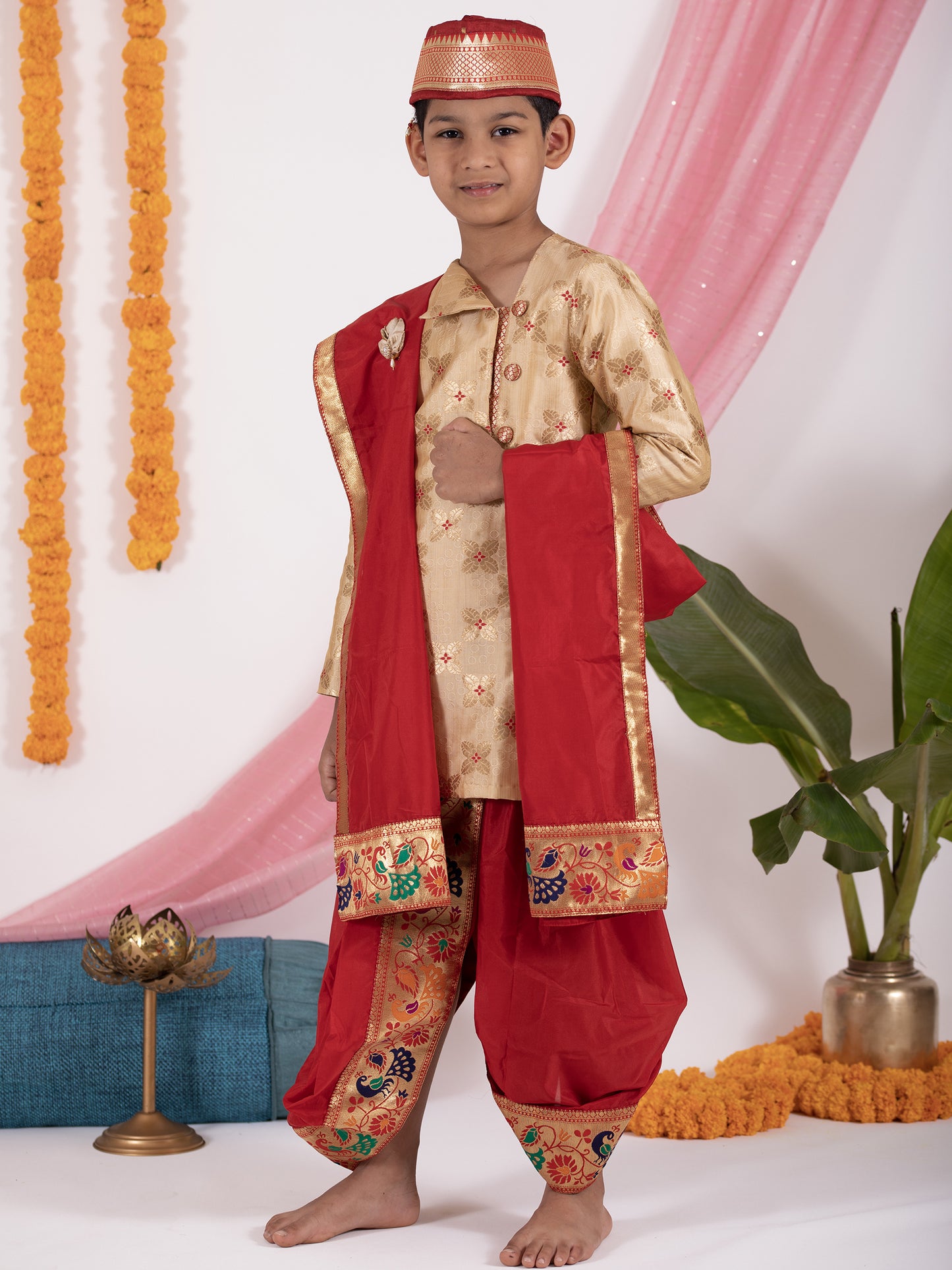 Golden beige banarasi brocade traditional ethnic brocade printed silk cotton kurta pyjama salwar suit pajama churidar set sherwani jacket for baby boy kids