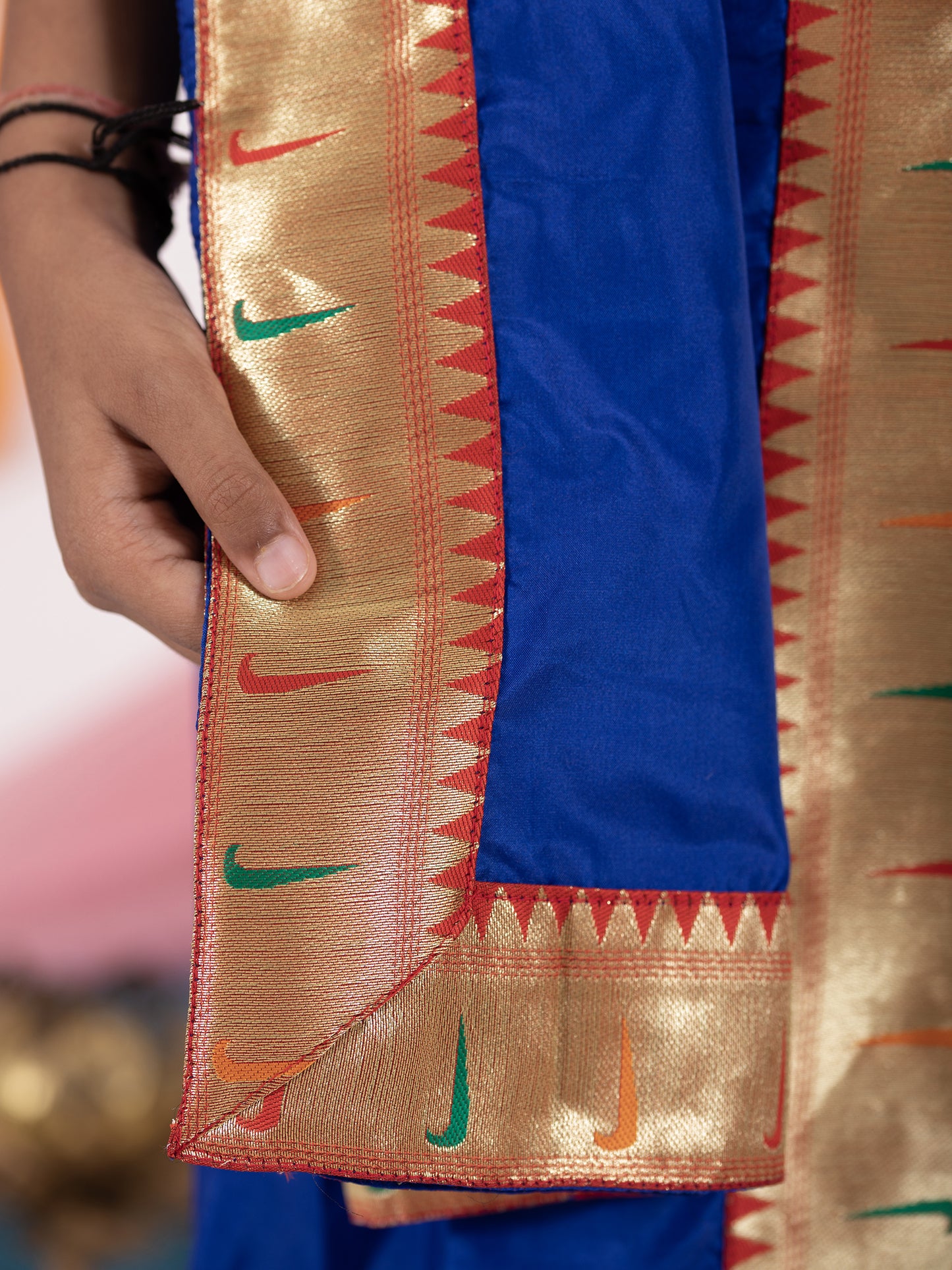 royal blue silk Sovale uparane dhoti jari Shawl ethnic traditional dhoti-upavastra pooja dhoti jari gamcha with Paithani jari border for munj thread ceremony vratabandha upanayanam for kids