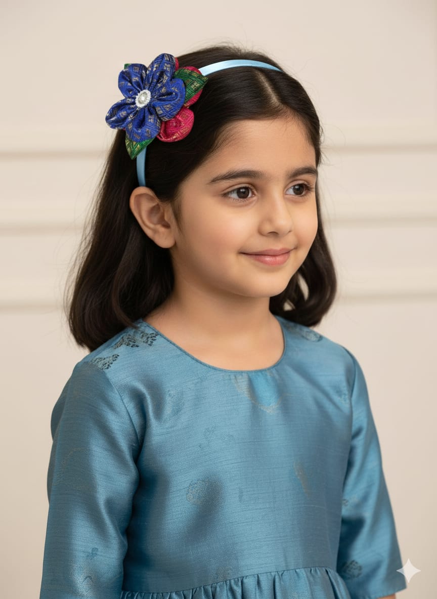 Blue brocade layered flower motif , satin wrapped plastic hairband for Girls