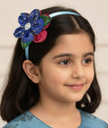 Blue brocade layered flower motif , satin wrapped plastic hairband for Girls