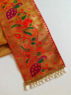 Peacock Paithani Shela for Sherwani with Pearl Danglers at both ends. 2 meters long and 5 inches wide shela can be teamed with any sherwani or kurta to add that Royal Charm to your Prince's attire.This Shela is ideal for rituals like Matrubhojan,Muhurt during Munj/Upanayan/Vratabandha/Thread Ceremony.