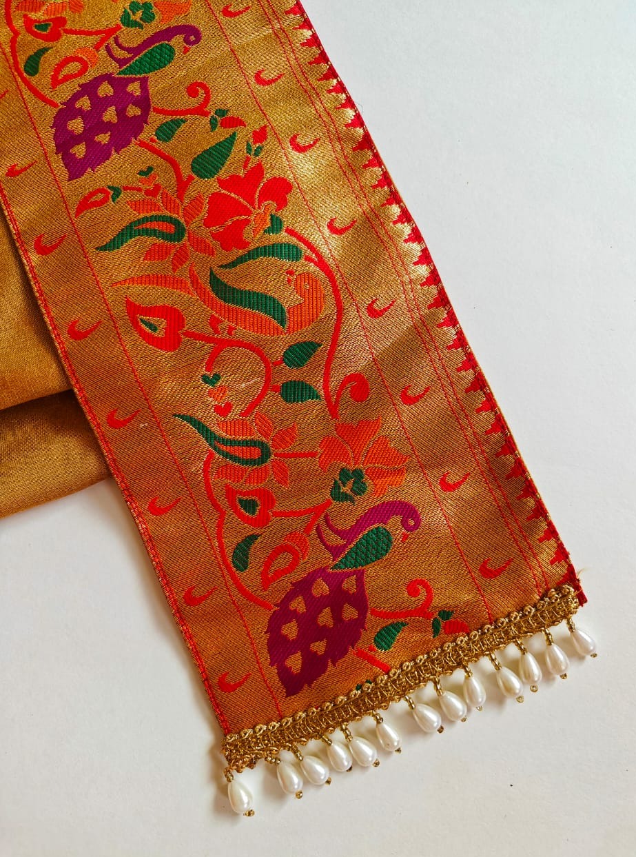 Peacock Paithani Shela for Sherwani with Pearl Danglers at both ends. 2 meters long and 5 inches wide shela can be teamed with any sherwani or kurta to add that Royal Charm to your Prince's attire.This Shela is ideal for rituals like Matrubhojan,Muhurt during Munj/Upanayan/Vratabandha/Thread Ceremony.