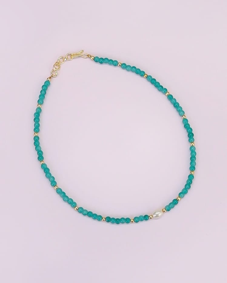 Aqua glass beads necklace with gold plated findings and an oval pearl pendant for Girls