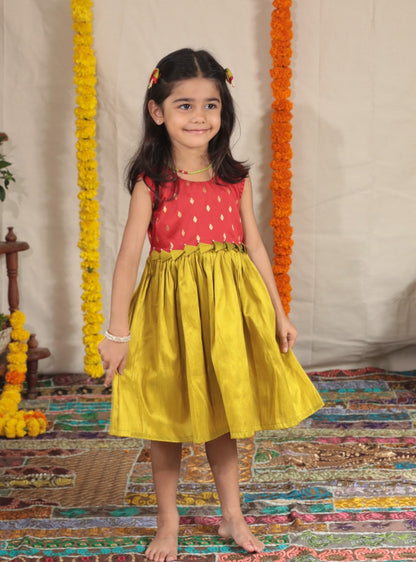 Silk brocade khunn organza floral printed frock dress one piece party paithani ethnic traditional tradition gown for baby girl