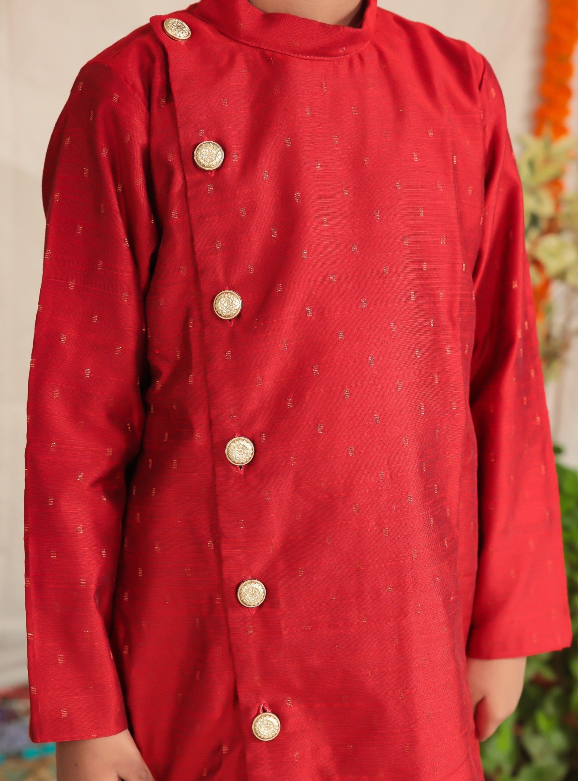 Red traditional ethnic brocade printed silk cotton kurta pyjama salwar suit pajama churidar set sherwani jacket for baby boy kids