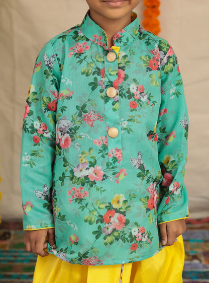 cyan and yellow traditional ethnic brocade printed silk cotton kurta pyjama salwar suit pajama churidar set sherwani jacket for baby boy kids