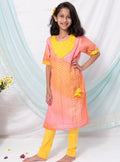 Pink and orange leheriya kotta chanderi kurti with yellow raw silk sequined yoke for Girls.Let your princess be as comfortable as in her casuals with carefully designed & crafted Comfort Ethnic Wear by Soyara Ethnics.Keep her fashion quotient high with timeless patterns, vibrant combinations and royal textiles.