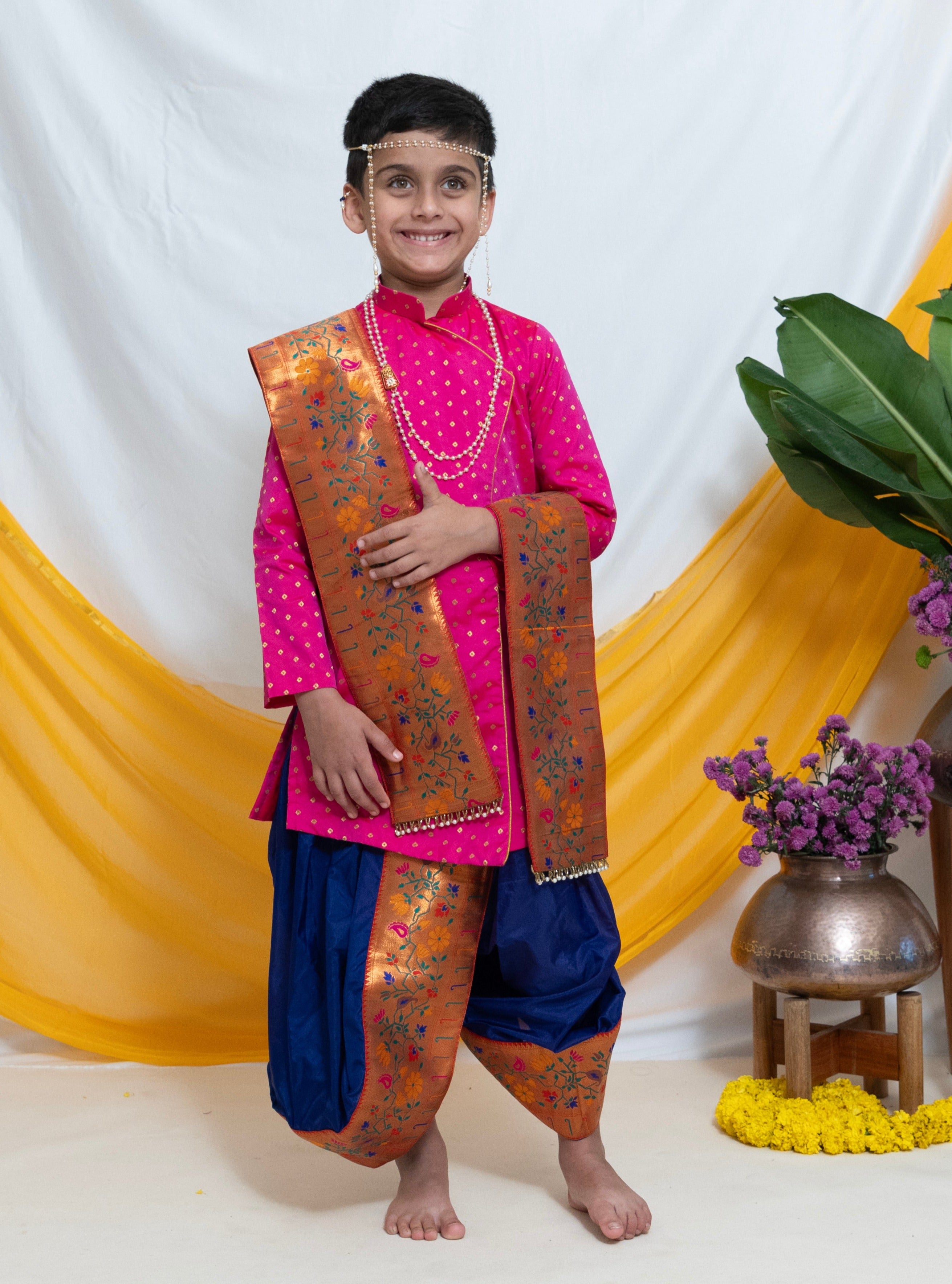 Ink Blue Mysore Silk Dhoti/Soval/Kad & Shawl/Upran/Shela with Paithani jari Border Set for Batu.Pre-stitched sovale uparane set includes Ready to wear Sovale & Uparane/Upavastra.Can be paired with a short kurta.This Set is ideal for rituals like Matrubhojan,Muhurt during Munj/Upanayan/Vratabandha/Thread Ceremony.
