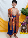 Ink Blue Mysore Silk Dhoti/Soval/Kad & Shawl/Upran/Shela with Paithani jari Border Set for Batu.Pre-stitched sovale uparane set includes Ready to wear Sovale & Uparane/Upavastra.Can be paired with a short kurta.This Set is ideal for rituals like Matrubhojan,Muhurt during Munj/Upanayan/Vratabandha/Thread Ceremony.