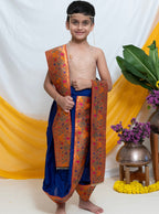 Ink Blue Mysore Silk Dhoti/Soval/Kad & Shawl/Upran/Shela with Paithani jari Border Set for Batu.Pre-stitched sovale uparane set includes Ready to wear Sovale & Uparane/Upavastra.Can be paired with a short kurta.This Set is ideal for rituals like Matrubhojan,Muhurt during Munj/Upanayan/Vratabandha/Thread Ceremony.