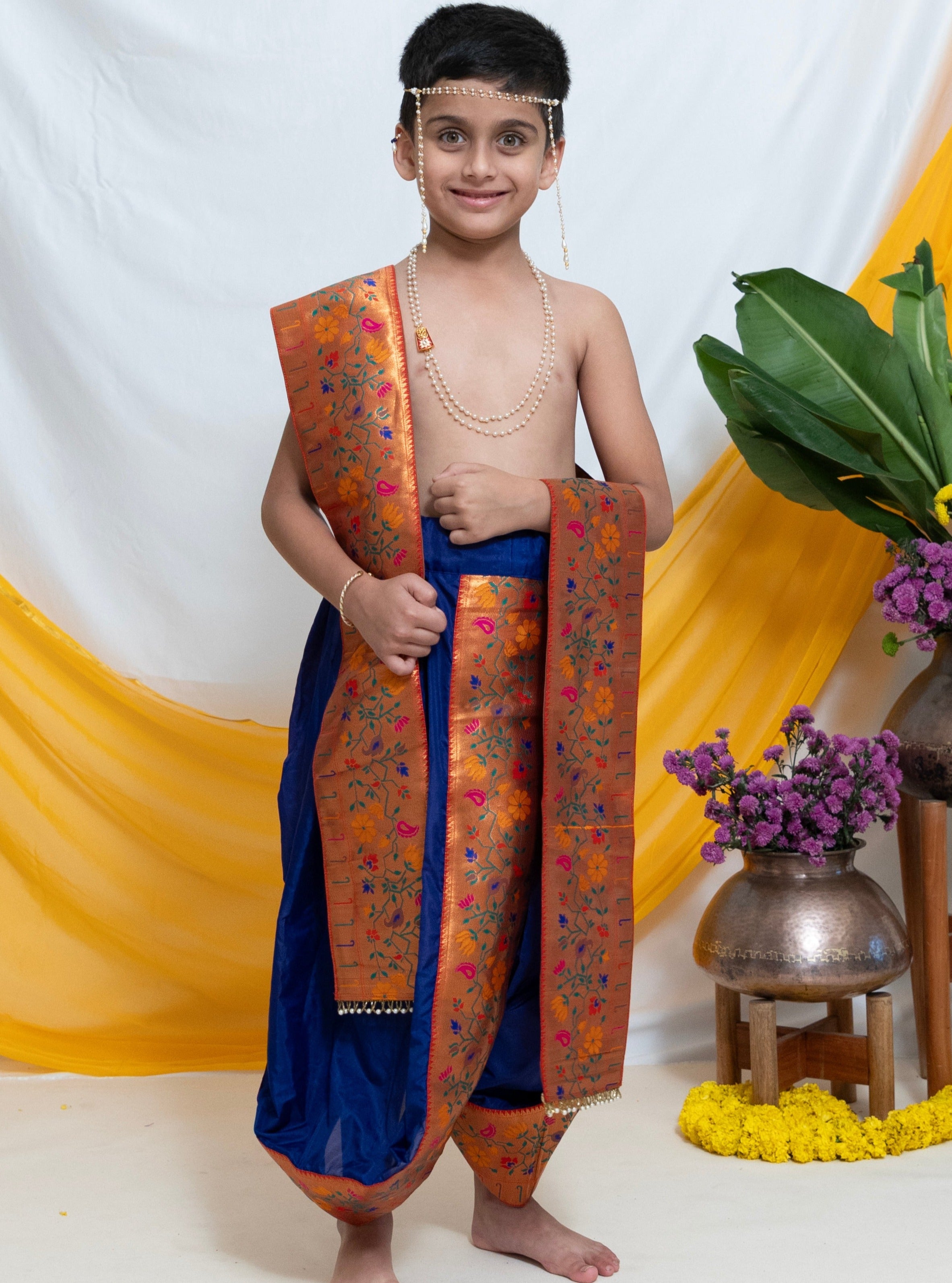 Ink Blue Mysore Silk Dhoti/Soval/Kad & Shawl/Upran/Shela with Paithani jari Border Set for Batu.Pre-stitched sovale uparane set includes Ready to wear Sovale & Uparane/Upavastra.Can be paired with a short kurta.This Set is ideal for rituals like Matrubhojan,Muhurt during Munj/Upanayan/Vratabandha/Thread Ceremony.