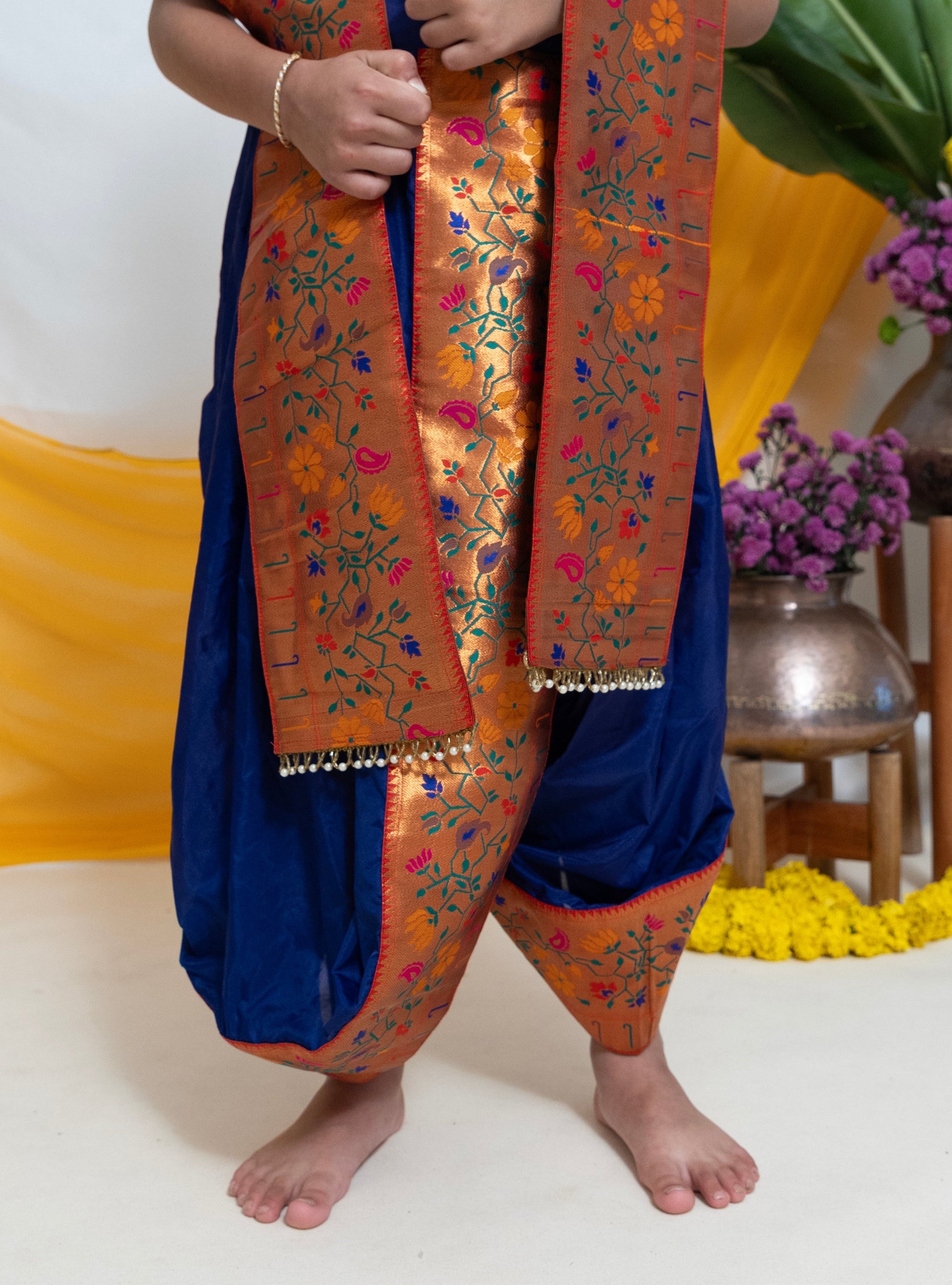 Ink blue Mysore silk sovale and shela set with broad copper jari paith ...