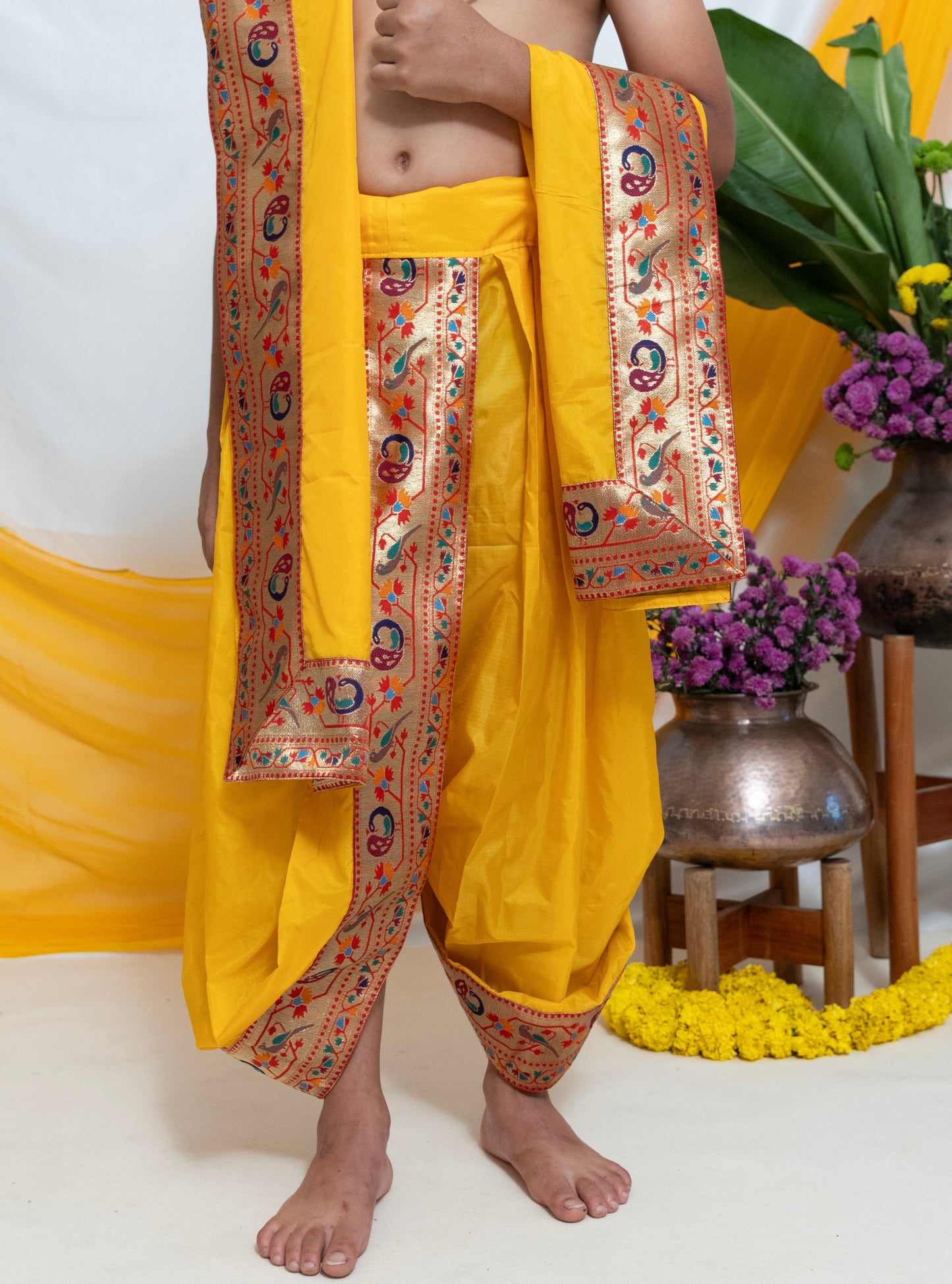 Yellow Mysore Silk Dhoti/Soval/Kad & Shawl/Upran/Shela with Paithani jari Border Set for Batu.Pre-stitched sovale uparane set includes Ready to wear Sovale & Uparane/Upavastra.Can be paired with a short kurta.This Set is ideal for rituals like Matrubhojan,Muhurt during Munj/Upanayan/Vratabandha/Thread Ceremony.