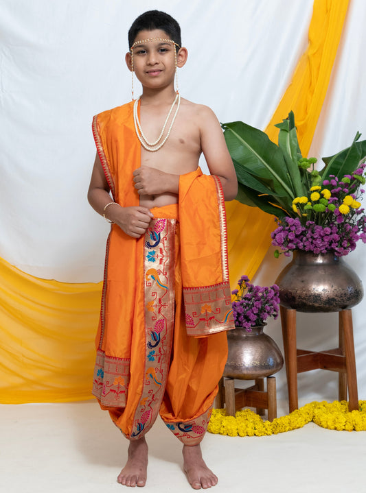 Saffron Mysore Silk Dhoti/Soval/Kad & Shawl/Upran/Shela with Paithani jari Border Set for Batu.Pre-stitched sovale uparane set includes Ready to wear Sovale & Uparane/Upavastra.Can be paired with a short kurta.This Set is ideal for rituals like Matrubhojan,Muhurt during Munj/Upanayan/Vratabandha/Thread Ceremony.
