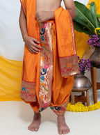 Saffron Mysore Silk Dhoti/Soval/Kad & Shawl/Upran/Shela with Paithani jari Border Set for Batu.Pre-stitched sovale uparane set includes Ready to wear Sovale & Uparane/Upavastra.Can be paired with a short kurta.This Set is ideal for rituals like Matrubhojan,Muhurt during Munj/Upanayan/Vratabandha/Thread Ceremony.