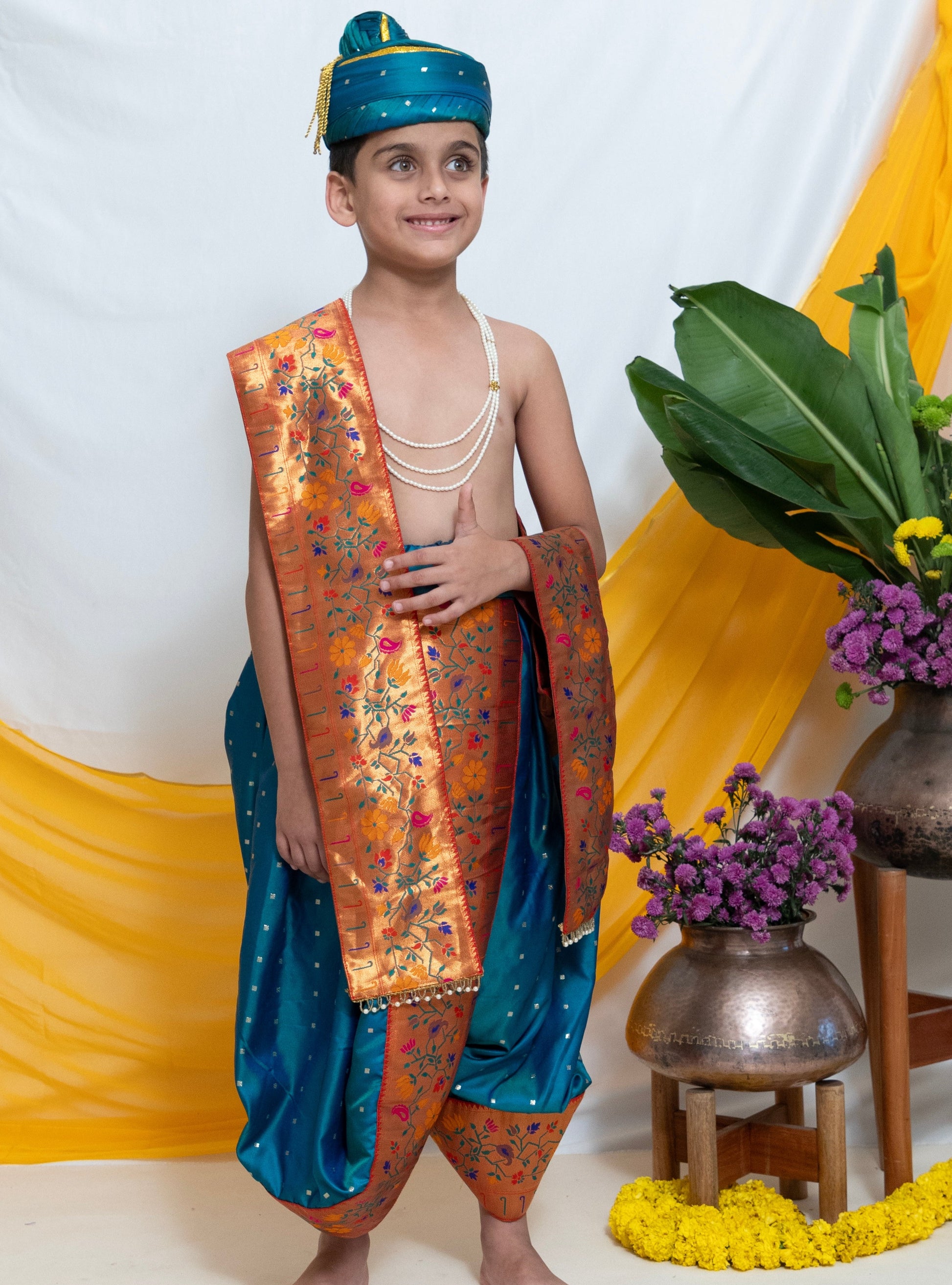Aqua green satin taffeta Dhoti/Soval/Kad & Shawl/Upran/Shela with Paithani jari Border Set for Batu.Pre-stitched sovale uparane set includes Ready to wear Sovale & Uparane/Upavastra.Can be paired with a short kurta.This Set is ideal for rituals like Matrubhojan,Muhurt during Munj/Upanayan/Vratabandha/Thread Ceremony.