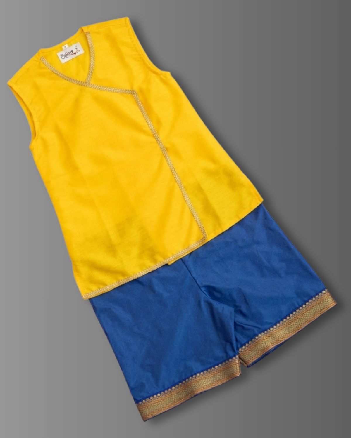 Chaula Karma / Chudakarma Sanskar Combo for Batu - Yellow includes yellow Taffeta silk sleeveless vest and Mysore Silk Inner Pant