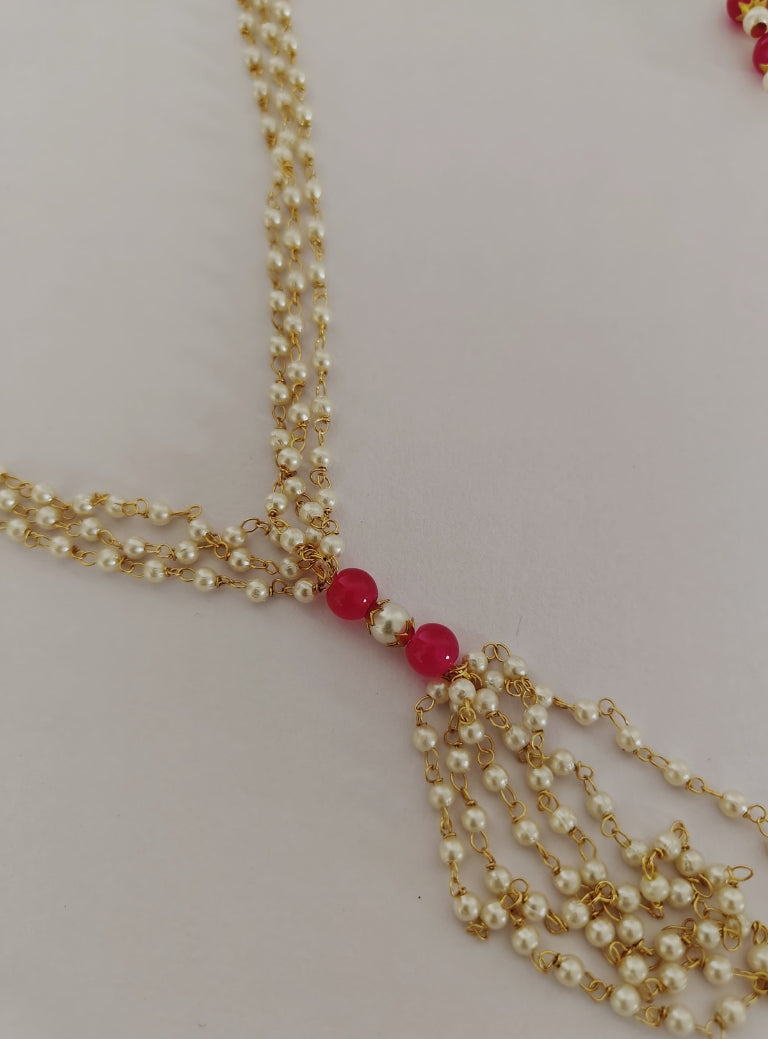 Pearls and pink glass beads Mundavali and Janave combo for Brahmavadini.Mundavalya,kanthi,bhikbali,topi,pagdi are boys accessories exclusively designed using Pearls,glass beads,jadau & gold plated findings for Brahmavadini,for Upanayan/Vratabandha/munj /thread ceremony.