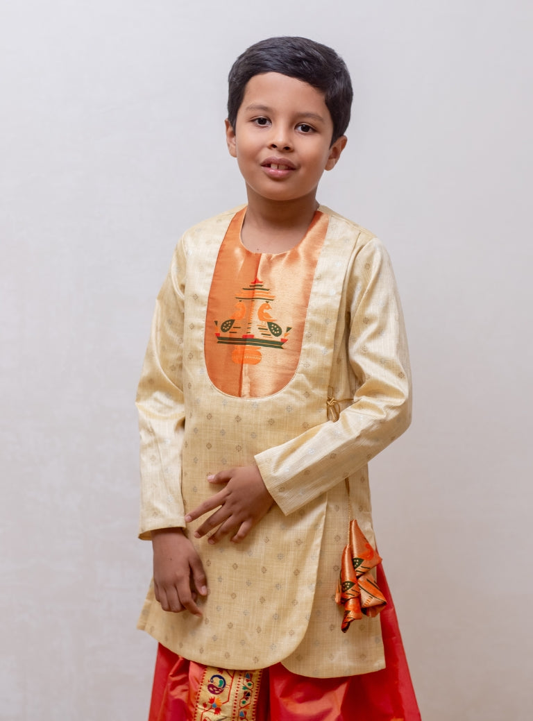 Beige raw silk jari butta, Angarkha short kurta with Paithani yoke for Batu
