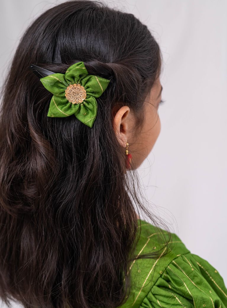 Olive green satin chanderi sequined, puff sleeved kurti with paithani yoke pattern for Girls.Let your princess be as comfortable as in her casuals with carefully designed & crafted Comfort Ethnic Wear by Soyara Ethnics.Keep her fashion quotient high with timeless patterns, vibrant combinations and royal textiles.