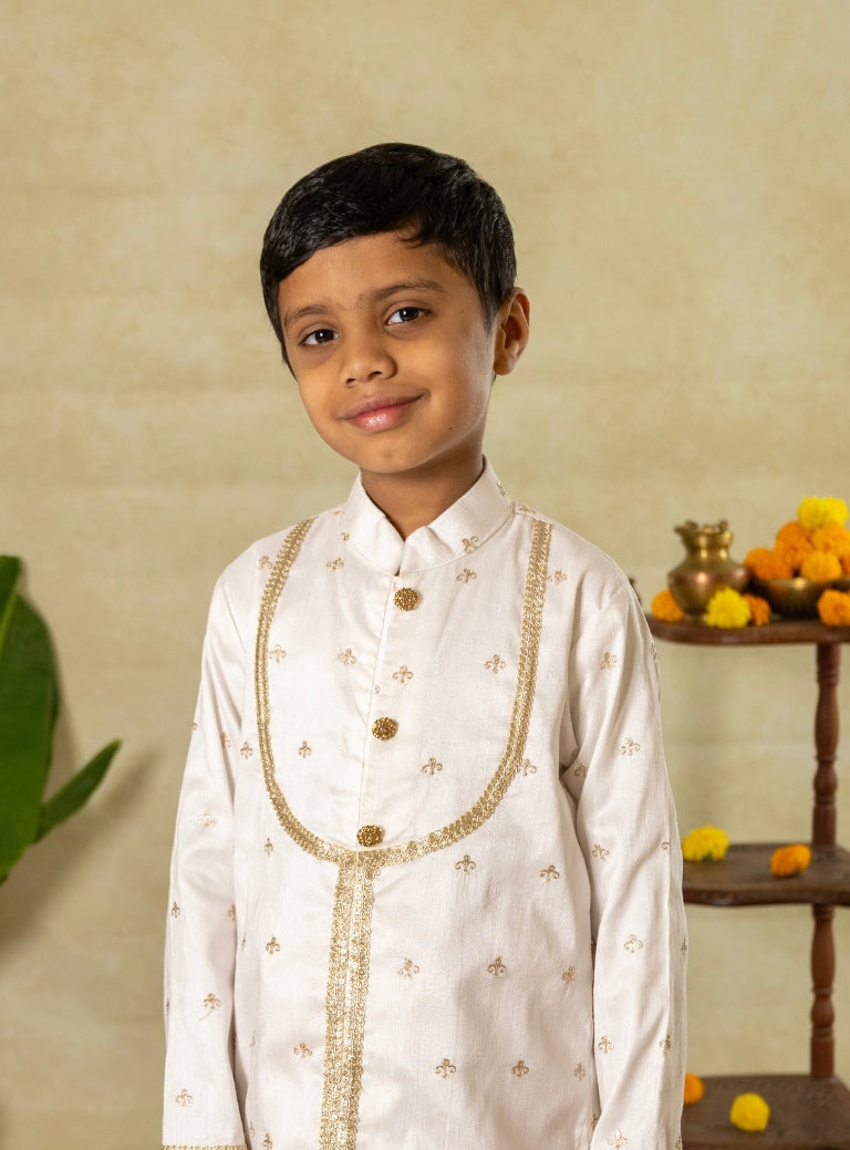 White Raw Silk Yoke Kurta With Zari Embroidery For Batu