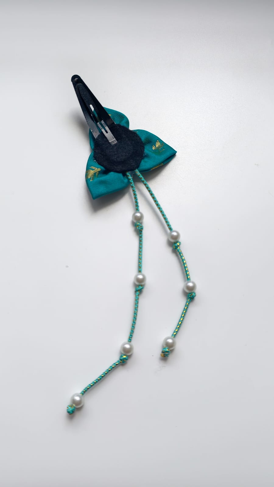 Bilwa Rama Green Fabric Hairclip With Dangling Pearls Strands