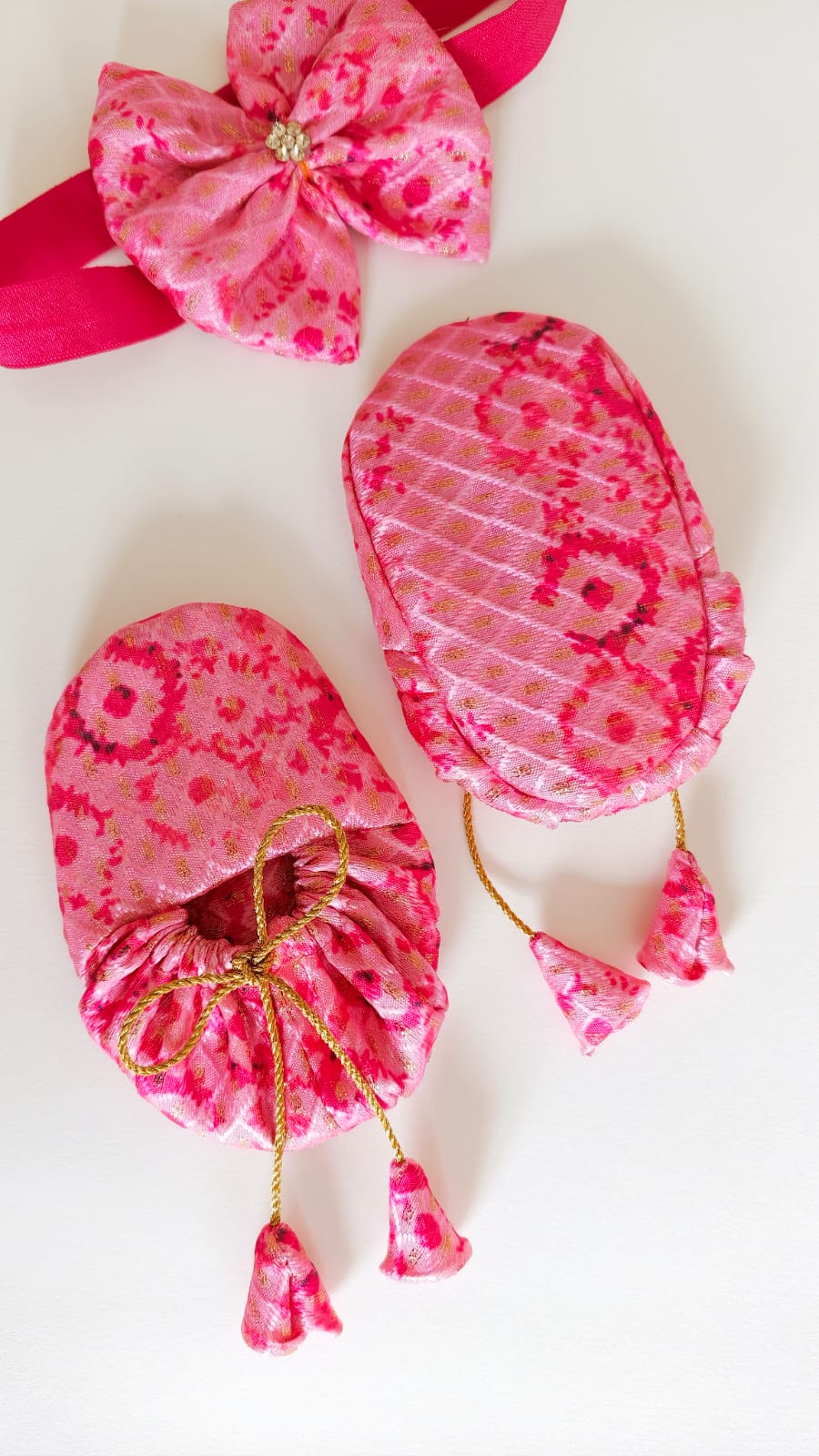 Handcrafted Pink Printed Baby Booties & Matching Headband Set