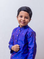 Royal Blue taffeta silk stand collar kurta with intricate zari motifs for boys
