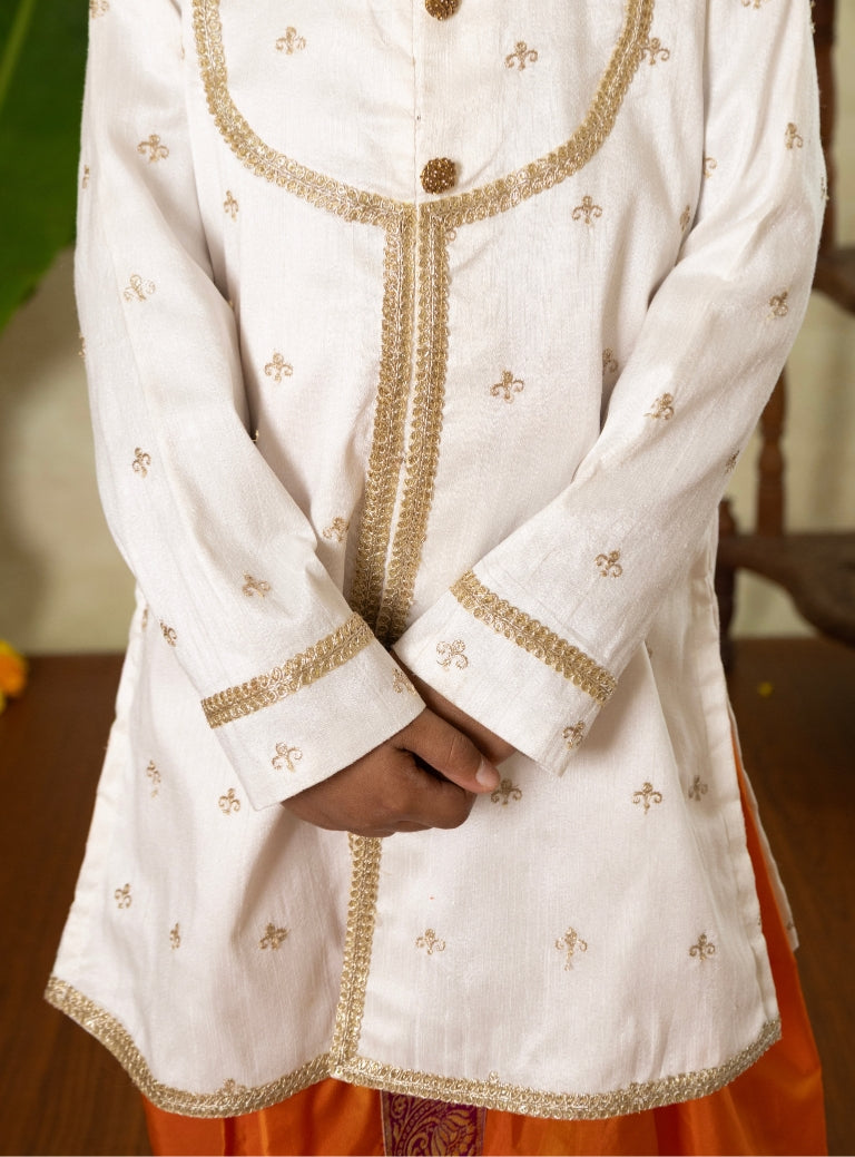 White Raw Silk Yoke Kurta With Zari Embroidery For Batu