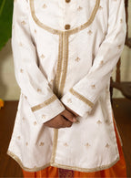 White Raw Silk Yoke Kurta With Zari Embroidery For Batu