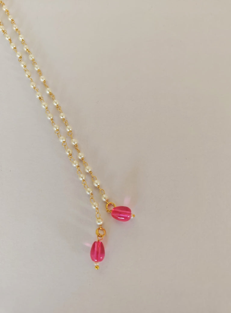 Pearls and pink glass beads Mundavali and Janave combo for Brahmavadini.Mundavalya,kanthi,bhikbali,topi,pagdi are boys accessories exclusively designed using Pearls,glass beads,jadau & gold plated findings for Brahmavadini,for Upanayan/Vratabandha/munj /thread ceremony.
