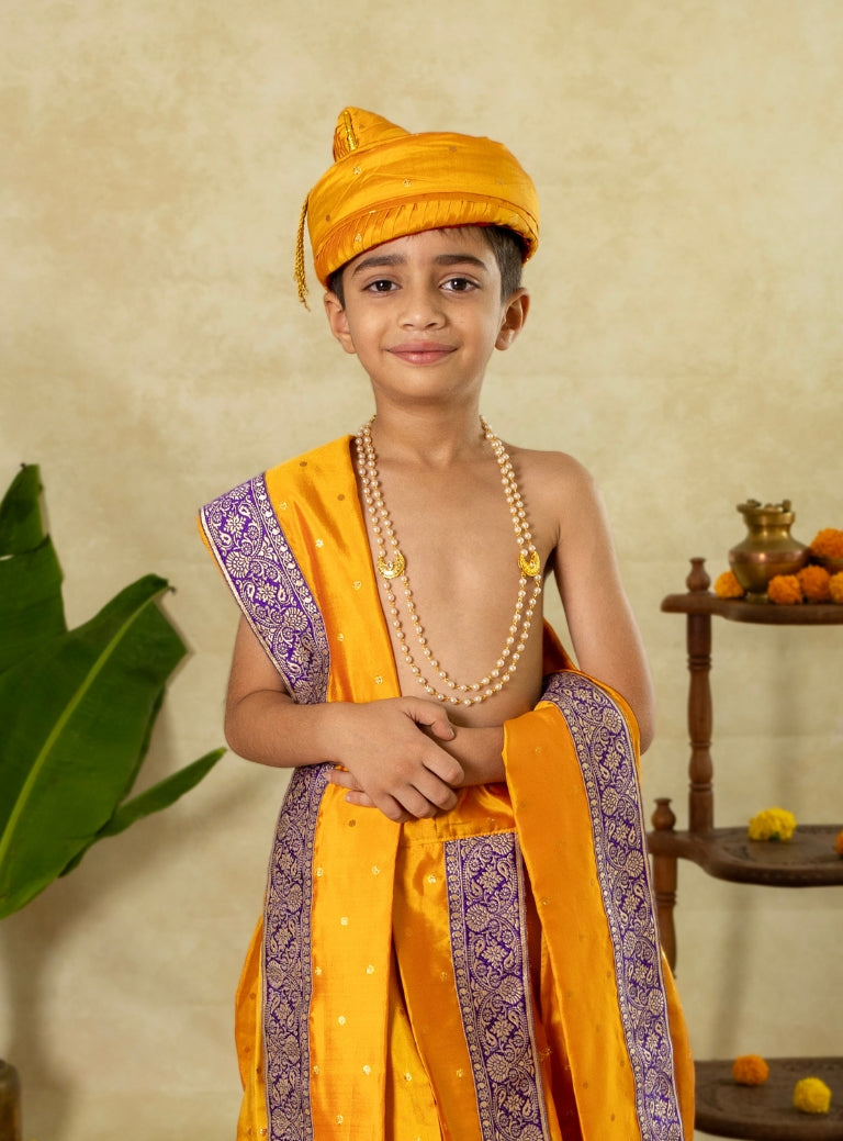 Mango Yellow Silk Sovale Uparane Set Purple Banarasi Border