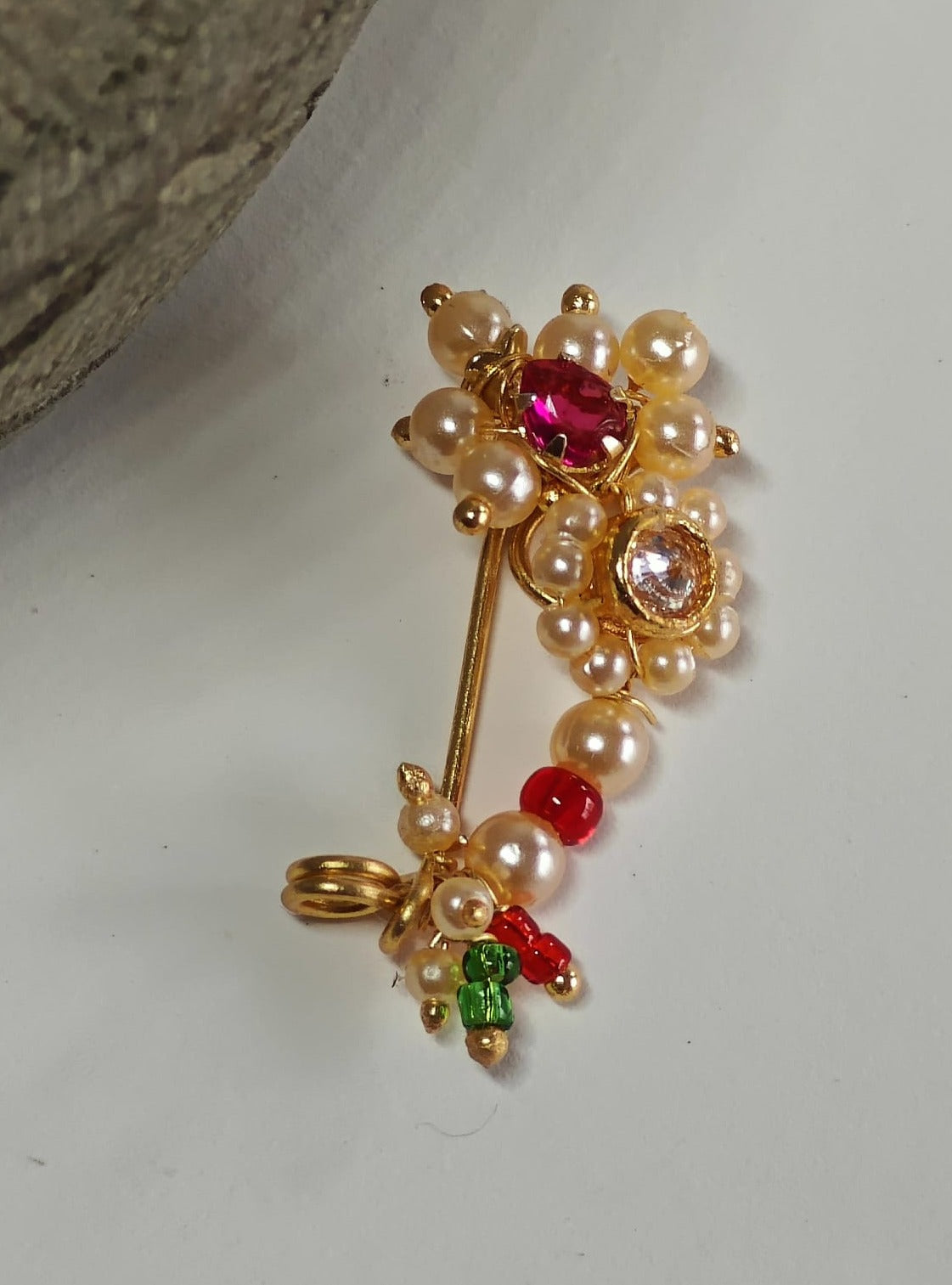 Gold Plated Marathi Mini Nath- Pink Accessories gifts fancy traditional ethnic trendy handmade accessories handcrafted matching assorted mix n match pearl multicolour metal golden nath nose pin nathani Marathi gold plated Maharashtrian accessory