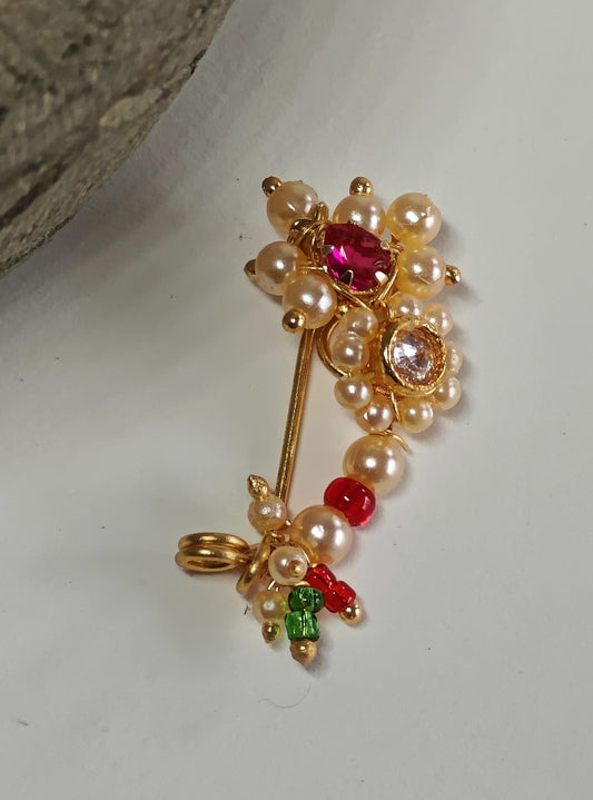 Gold Plated Marathi Mini Nath- Pink Accessories gifts fancy traditional ethnic trendy handmade accessories handcrafted matching assorted mix n match pearl multicolour metal golden nath nose pin nathani Marathi gold plated Maharashtrian accessory