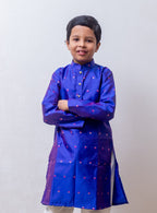 Royal Blue taffeta silk stand collar kurta with intricate zari motifs for boys