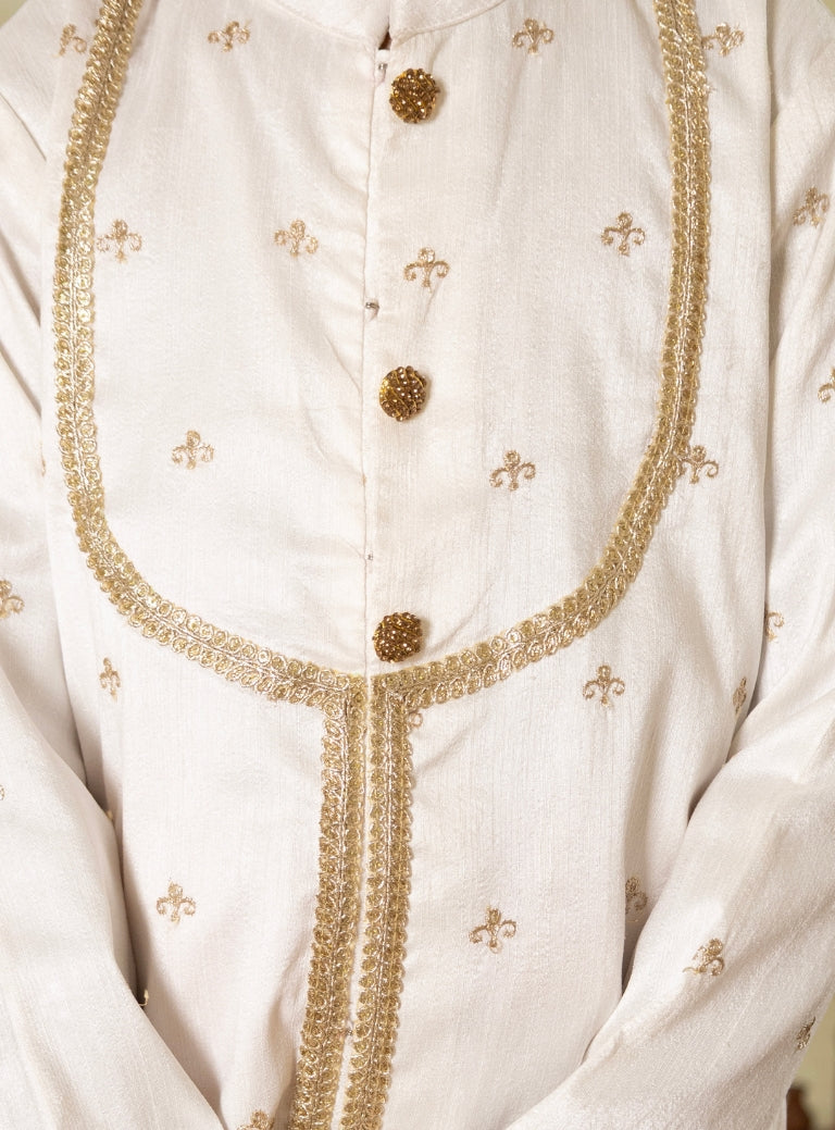 White Raw Silk Yoke Kurta With Zari Embroidery For Batu