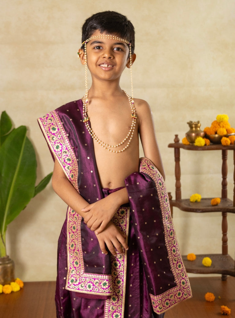 Wine Satin Silk Sovale Uparane Set Magenta Banarasi Border
