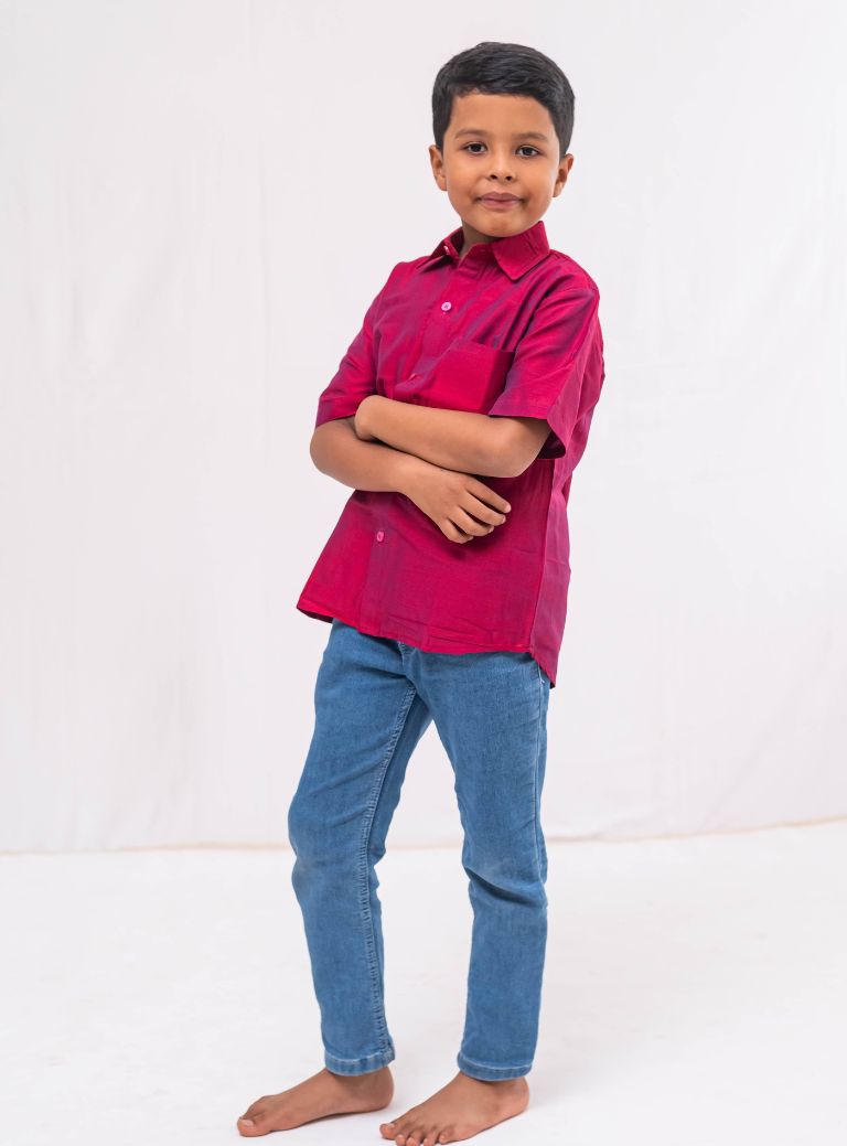 Crimson Plain Raw silk half sleeved shirt for Boys.This Crimson Plain Raw silk half sleeved shirt is designed for boys, providing both comfort and style.