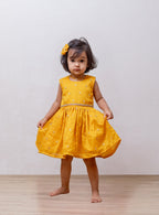 Royal Yellow Vichitra silk sleeveless dress for Girls