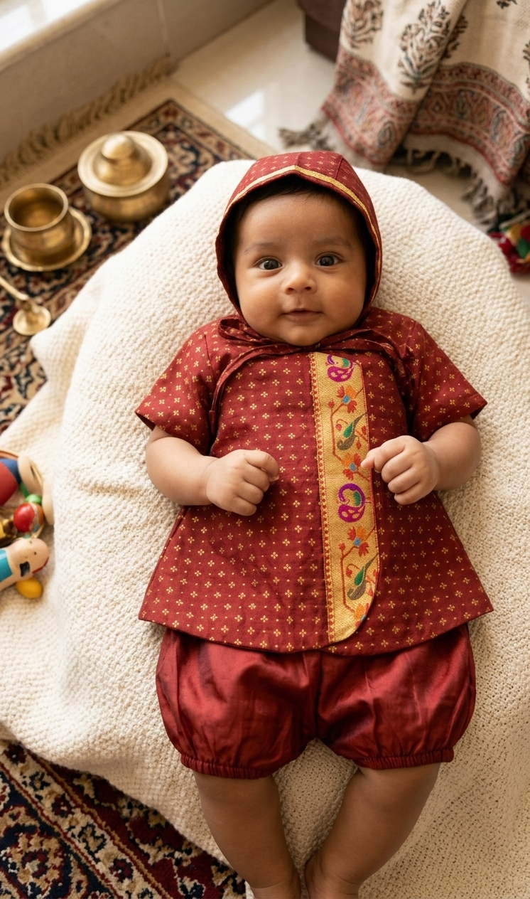 Kiran Set - Maroon Soft Brocade Silk front open Unisex Jhabala with intricate peacock paithani border teamed with matching bloomer and bonnet for newborn baby